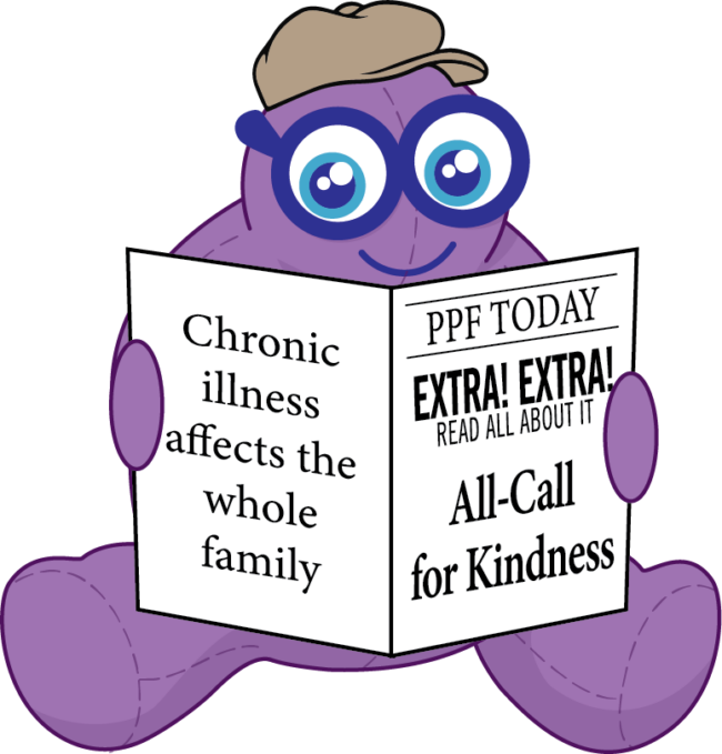 Puffy the Purple Playas mascot reading a newspaper headlined PPF Today, Extra Extra, All-Call for Kindness, beside the words chronic illness affects the whole family