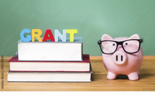 The word GRANT spelled in coloured letters on a stack of books beside a piggy bank wearing glasses